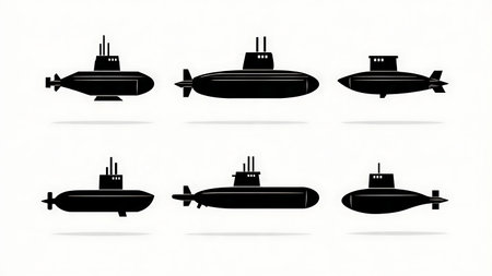 Simple Icon-Style Submarine Silhouette Set of Six isolated on plain white background.のイラスト素材
