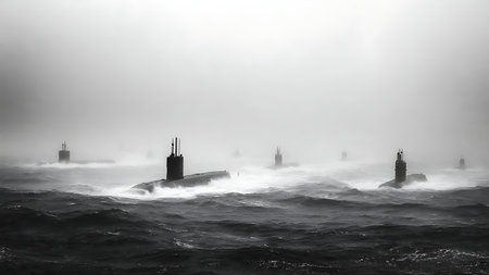 Submarine on a Stormy Sea Surface Silhouette Pack isolated on plain white background.