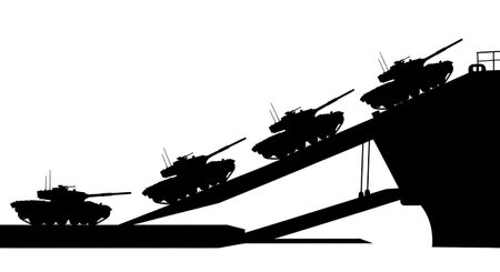 Tank Boarding Transport Ship / Landing Craft Silhouette isolated on plain white background.のイラスト素材