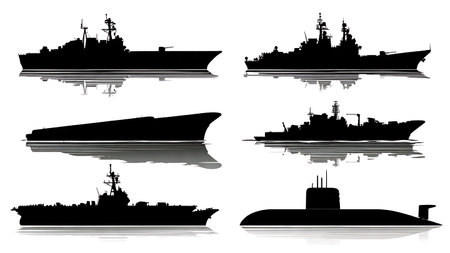 Submarine Passing Under Surface Ship Silhouette Set isolated on plain white background.のイラスト素材