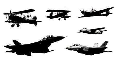 Evolution of Fighter Jet Aircraft Silhouette Set isolated on plain white background.のイラスト素材