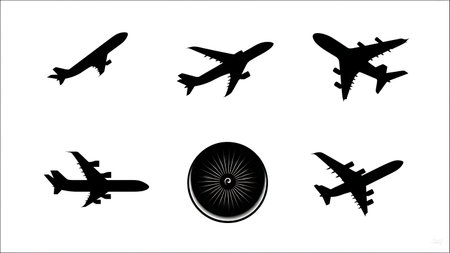View from Airplane Window Silhouette Collection isolated on plain white background.のイラスト素材