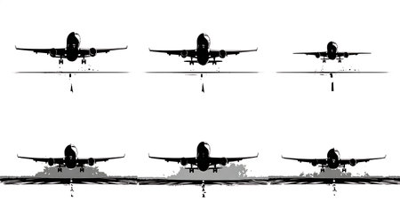 Airplane Takeoff Action Silhouette Vector Collection isolated on plain white background.のイラスト素材