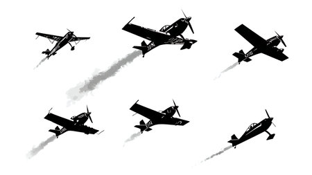 Air Racing Planes at Pylon Silhouette Set of Six isolated on plain white background.のイラスト素材