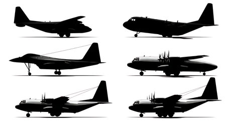 Heavy Cargo & Transport Aircraft Silhouette Pack of Six isolated on plain white background.のイラスト素材