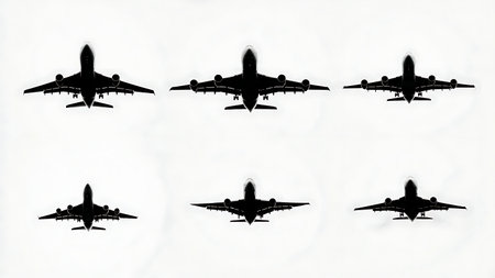 Airplane Wing with Flaps & Spoilers Deployed Silhouettes isolated on plain white background.のイラスト素材