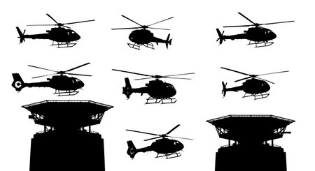 Helicopter on Rooftop Helipad Silhouette Vector Pack isolated on plain white background.のイラスト素材