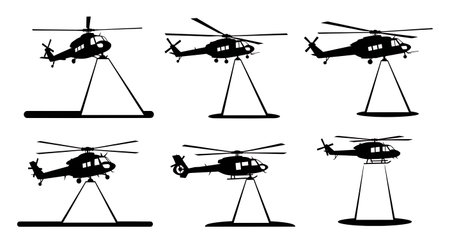 Helicopter with Searchlight Beam Silhouette Set isolated on plain white background.のイラスト素材