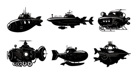 Deep-Sea Research Submersible Silhouette Vector Set isolated on plain white background.のイラスト素材