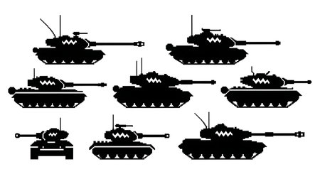 Pixelated 8-Bit Retro Video Game Tank Silhouette Pack isolated on plain white background.のイラスト素材