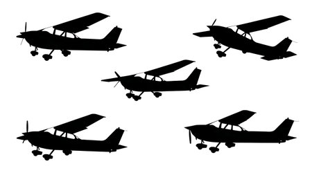 Single-Engine Propeller Plane Vector Silhouette Set isolated on plain white background.のイラスト素材