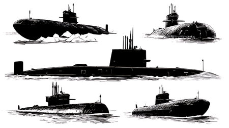 Submarine Surfacing Through Ice Silhouette Set isolated on plain white background.のイラスト素材