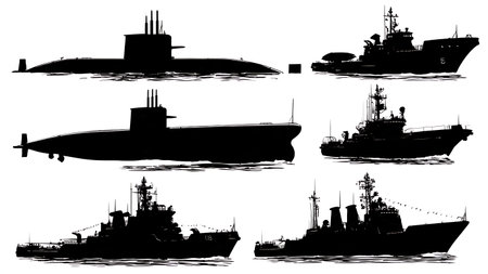 Submarine with Support Tender Ship Silhouette Set isolated on plain white background.のイラスト素材