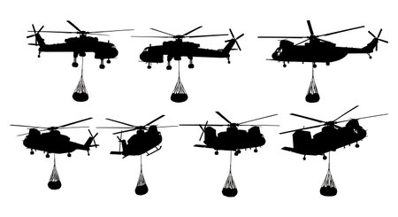 Helicopter with Underslung Cargo Load Silhouette Set isolated on plain white background.のイラスト素材