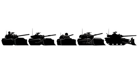 Tank with Dozer Blade Silhouette Collection isolated on plain white background.のイラスト素材