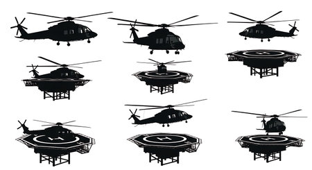 Helicopter & Offshore Oil Rig Platform Silhouette Set isolated on plain white background.のイラスト素材