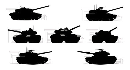 Tank in Maintenance Depot / Workshop Silhouette Pack isolated on plain white background.のイラスト素材