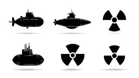 Nuclear Power Symbol & Submarine Silhouette Icon Set isolated on plain white background.のイラスト素材