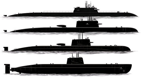 Submarine Surfacing Action Silhouette Vector Collection isolated on plain white background.のイラスト素材