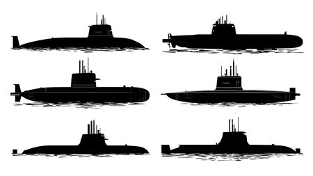 Submarine Surfacing Action Silhouette Vector Collection isolated on plain white background.のイラスト素材