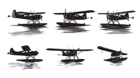 Seaplane and Floatplane Black Silhouette Design Pack isolated on plain white background.のイラスト素材