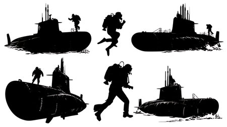 Submarine with Divers Silhouette Collection isolated on plain white background.のイラスト素材