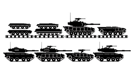 Tank Factory Assembly Line Silhouette Pack isolated on plain white background.のイラスト素材
