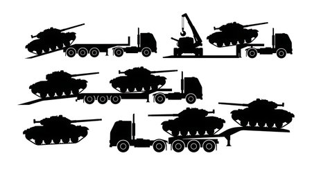 Tank on Heavy Transporter Truck Silhouette Set isolated on plain white background.のイラスト素材