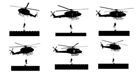 Helicopter Water Rescue Operation Silhouette Set isolated on plain white background.のイラスト素材
