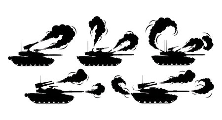 Tank Discharging Smoke Grenades Silhouette Set isolated on plain white background.のイラスト素材