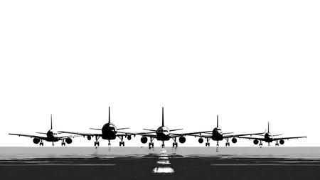 Commercial Jets Lined Up on Runway Silhouette Pack isolated on plain white background.のイラスト素材