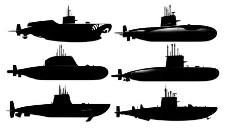 Submarine with Deployed Anchor Silhouette Collection isolated on plain white background.のイラスト素材