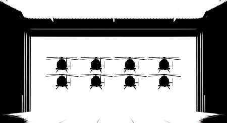 Helicopter Inside Hangar Silhouette Set of Six isolated on plain white background.のイラスト素材