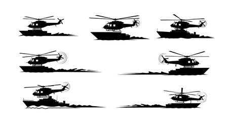 Helicopter Landing on Ship Deck Silhouette Set isolated on plain white background.のイラスト素材