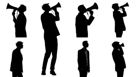 Agent Using a Megaphone for an Announcement Silhouettes isolated on plain white background.のイラスト素材