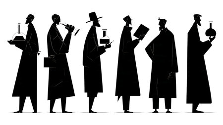 Black Solid Lab Assistants Chemical Inventory Silhouettes Set of Six isolated on plain white background.のイラスト素材