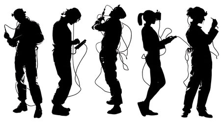 Minimalist Lab Assistants Patch Clamp Silhouettes Set of Six isolated on plain white background.のイラスト素材