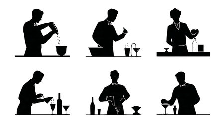 Bartender in Action Pouring and Shaking Drinks Silhouettes isolated on plain white background.のイラスト素材
