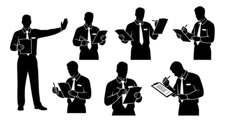 Bouncer Checking a Guest List at a Club Door Silhouettes isolated on plain white background.のイラスト素材