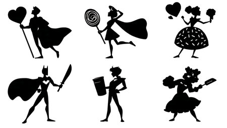 Whimsical Candy & Food-Powered Superhero Silhouettes isolated on plain white background.のイラスト素材
