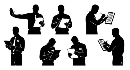 Bouncer Checking a Guest List at a Club Door Silhouettes isolated on plain white background.のイラスト素材