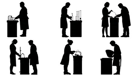 Black Solid Lab Assistants Protein Purification Silhouettes Set of Six isolated on plain white background.のイラスト素材