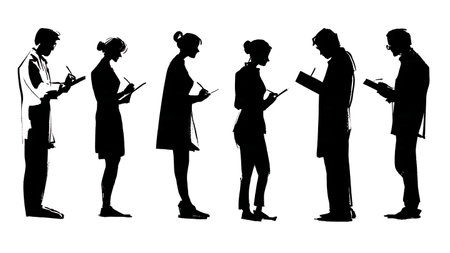 Black Solid Lab Assistants with Notebooks Silhouettes Set of Six isolated on plain white background.のイラスト素材