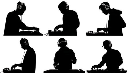 DJ Performing at the Decks Silhouette Set of Six isolated on plain white background.のイラスト素材