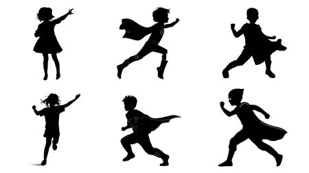 Powerful Child Superhero Action Silhouettes Set isolated on plain white background.のイラスト素材