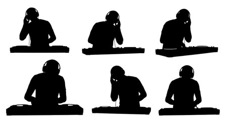 DJ Listening with One Headphone Silhouette Set isolated on plain white background.のイラスト素材