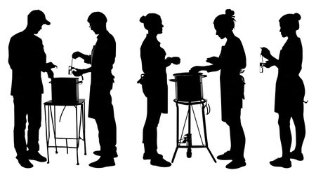 Black Solid Lab Assistants with Water Bath Silhouettes Set of Six isolated on plain white background.のイラスト素材