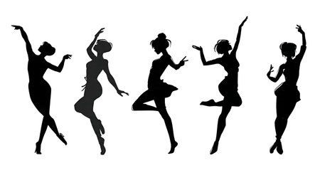 Set of Six Expressive Female Dancer Silhouettes isolated on plain white background.のイラスト素材