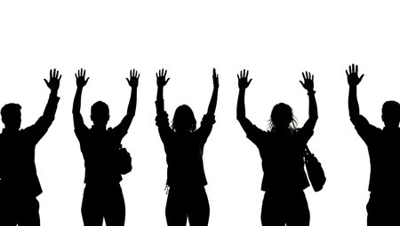 Crowd Doing 'The Wave' with Their Arms Silhouettes isolated on plain white background.のイラスト素材
