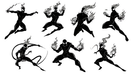 Fire-Wielding Superhero Flame Silhouettes Set isolated on plain white background.のイラスト素材